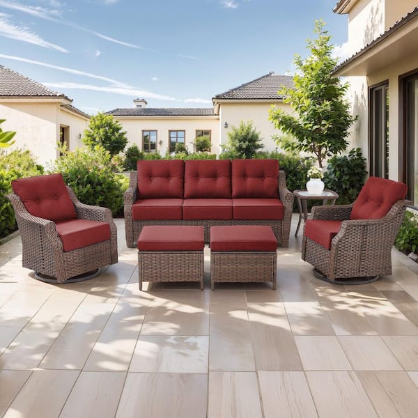 6-Piece Contemporary Brown Wicker Outdoor Swivel Rocking Chair Set with CushionGuard Red Cushions
