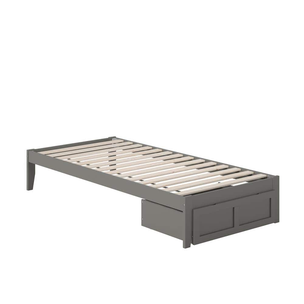 Grey Twin XL Wood Platform Bed with Storage Drawer and USB Charger