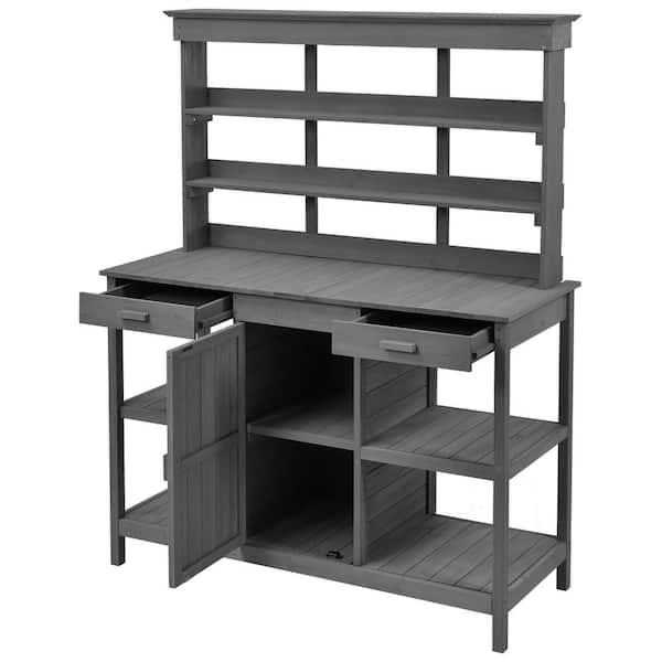 Amucolo 50 in. W x 66 in. H Gray Outdoor Wooden Potting Bench Table, Garden Workstation with 2-Drawers, Cabinet and Open Shelves