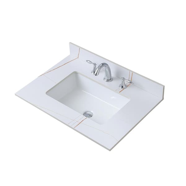 Unbranded 31 in. W x 22 in. D Engineered Stone Composite White Rectangular Single Sink Bathroom Vanity Top in White Ceramic Sink