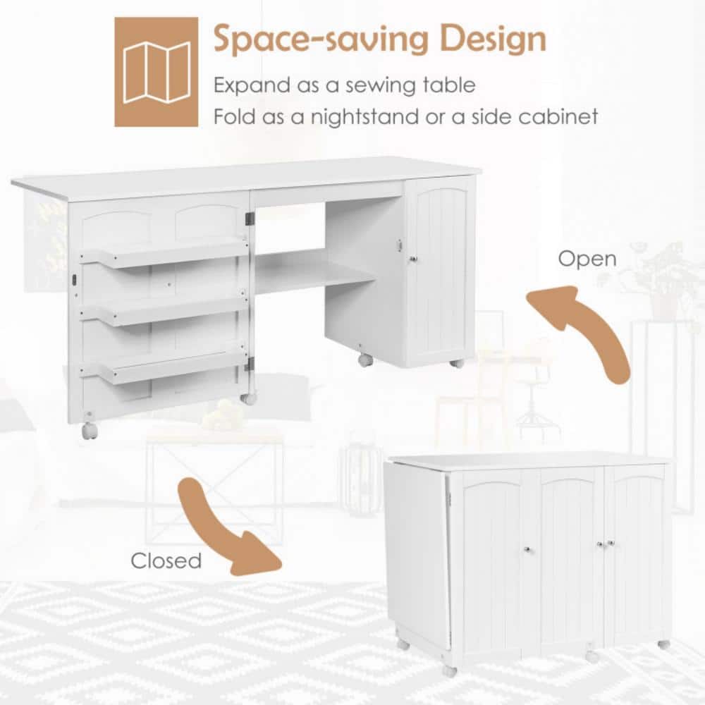 White Folding Sewing Table with Shelves and Wheels