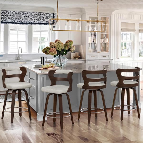 cozyman 26 in. Light Beige Gray Faux Leather and Deep Walnut Wood Mid-Century Modern Swivel Counter Height Bar Stool (Set of 4)