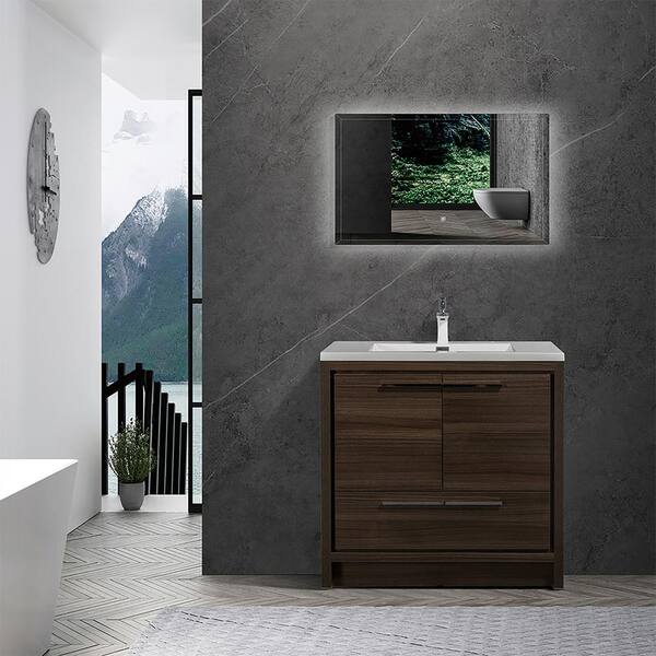 Unbranded 36 in. W x 19 in. D x 34 in. H Freestanding Bathroom Vanity in Grey Oak with White Solid Surface Top