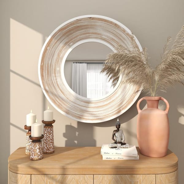 Litton Lane 35 in. x 35 in. Round Frameless Cream Wall Mirror with White Wash Effect