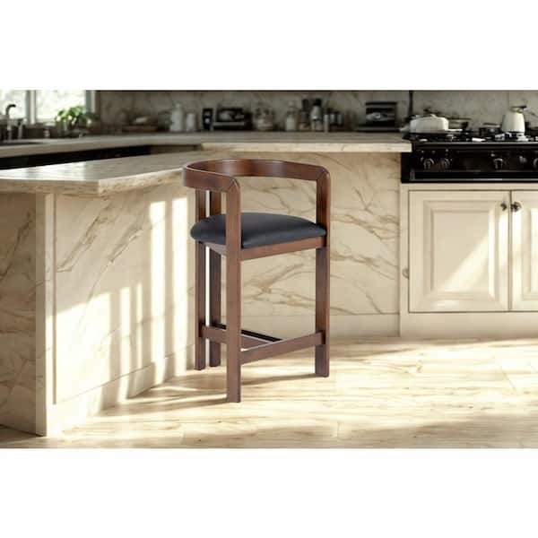 Belton Modern 25.7 in. Black Wood Counter Stool with Leather Seat