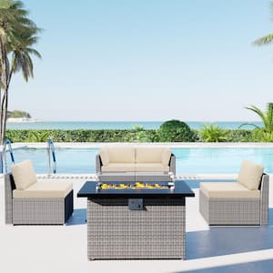 5-Piece Wicker Outdoor Patio Sectional Conversation Set with Beige Cushions and Fire Pit Table