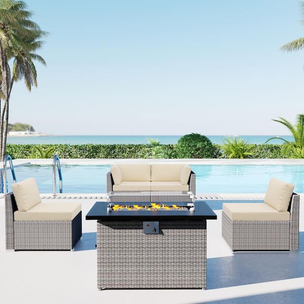 Gardenbee 5-Piece Wicker Outdoor Patio Sectional Conversation Set with Beige Cushions and Fire Pit Table