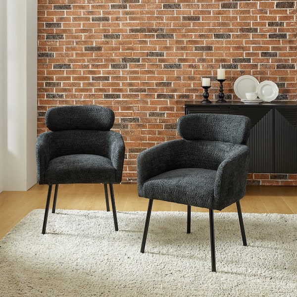 JAYDEN CREATION Andrew Black Modern Boucle Lambswool Dining Chair with Metal Legs Set of 2