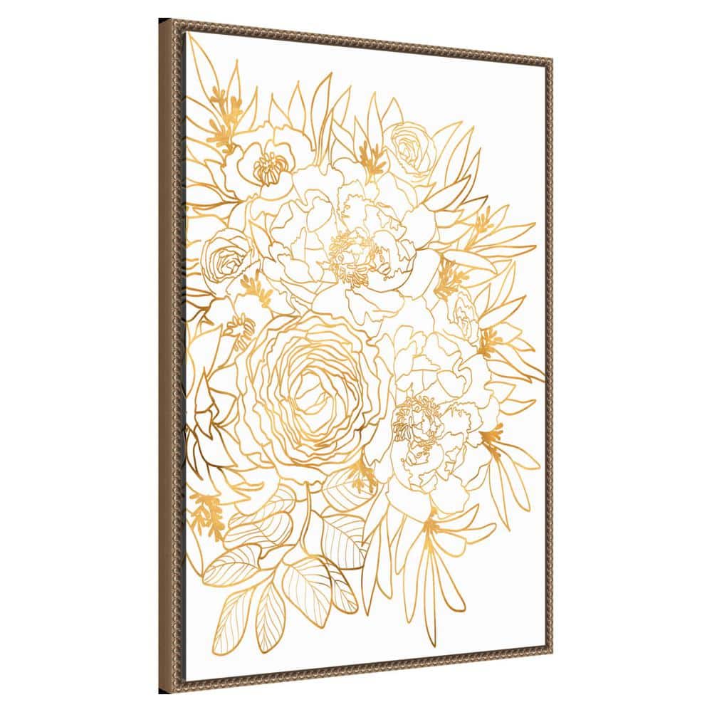 Gold Botanical Rose Beaded Framed Canvas Wall Art