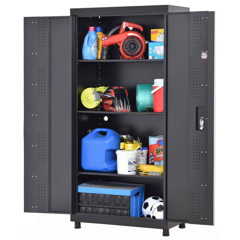 Black Freestanding Lockable Steel Storage Cabinet with Adjustable Shelving