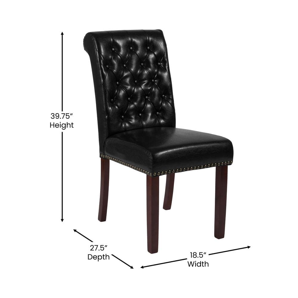 Black Leather Upholstered Parsons Side Chair with Wood Legs