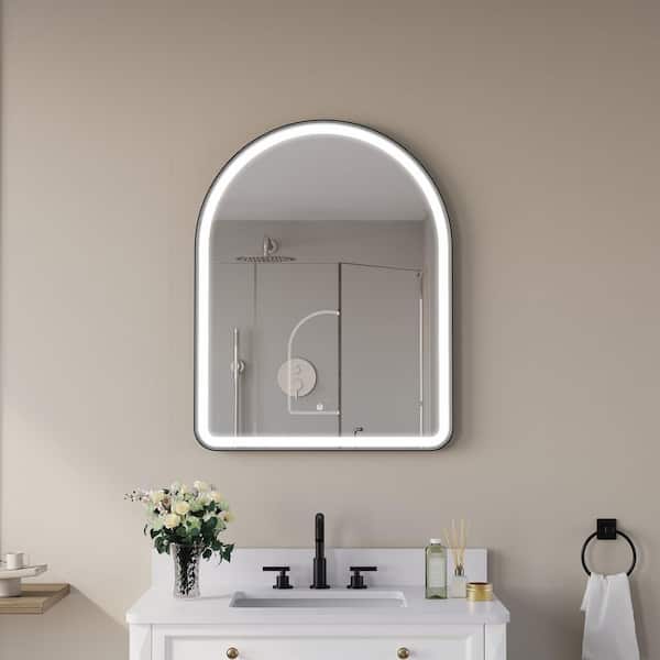 28 in. W x 36 in. H Arched Framed Anti-Fog Dimmable LED Wall Mount Bathroom Vanity Mirror in Matte Black
