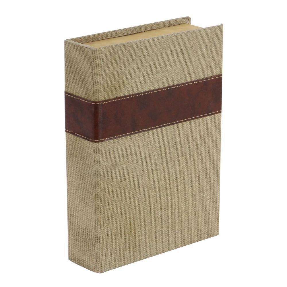 Set of 3 Beige and Brown Burlap Faux Leather Book Boxes