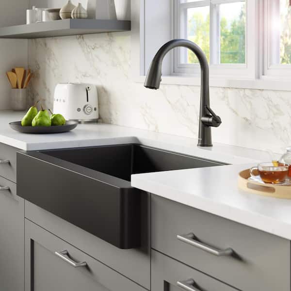 Retrofit Farmhouse Apron Front Quartz/Granite Composite 34 in. Double Bowl Kitchen Sink in Black