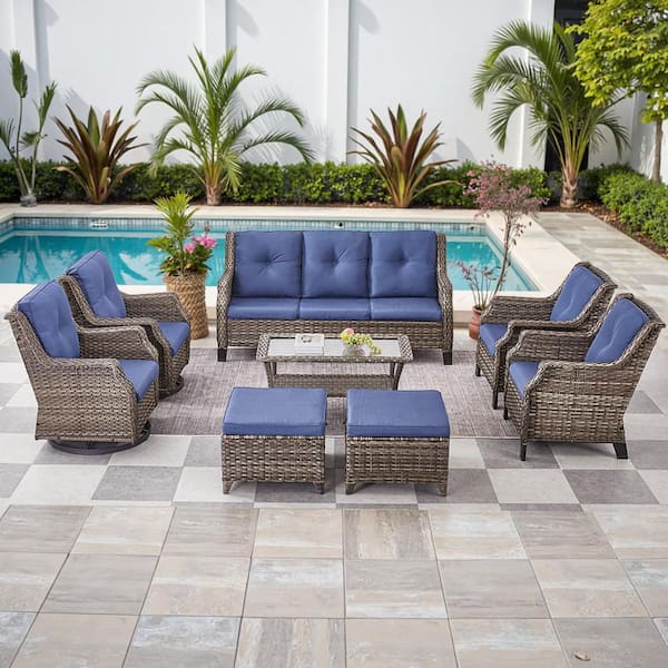 Handmade Rattan 8-Piece Wicker Patio Conversation Set for Porch Deck, Gray Rattan Sofa Chair with Blue Cushion