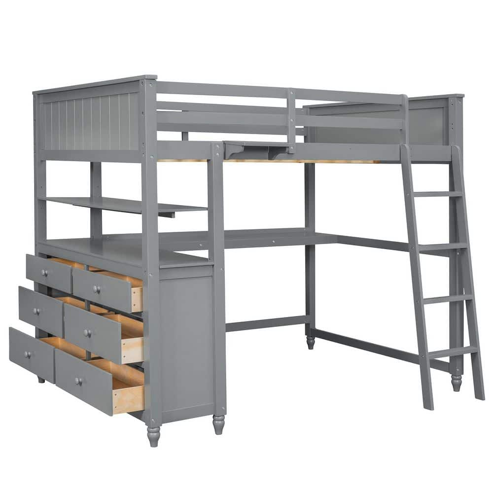 Harper & Bright Designs Multifunction Gray Full Wood Loft Bed with Desk ...