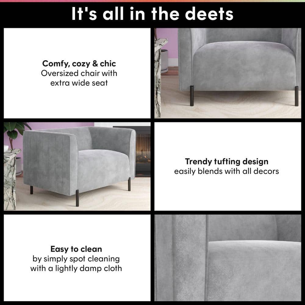 Light Gray Velvet Ribbed Accent Chair with Black Metal Legs