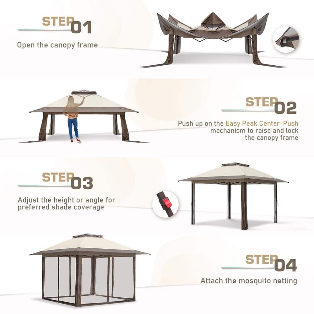 Beige and Brown Metal Pop-Up Patio Gazebo with Mosquito Netting