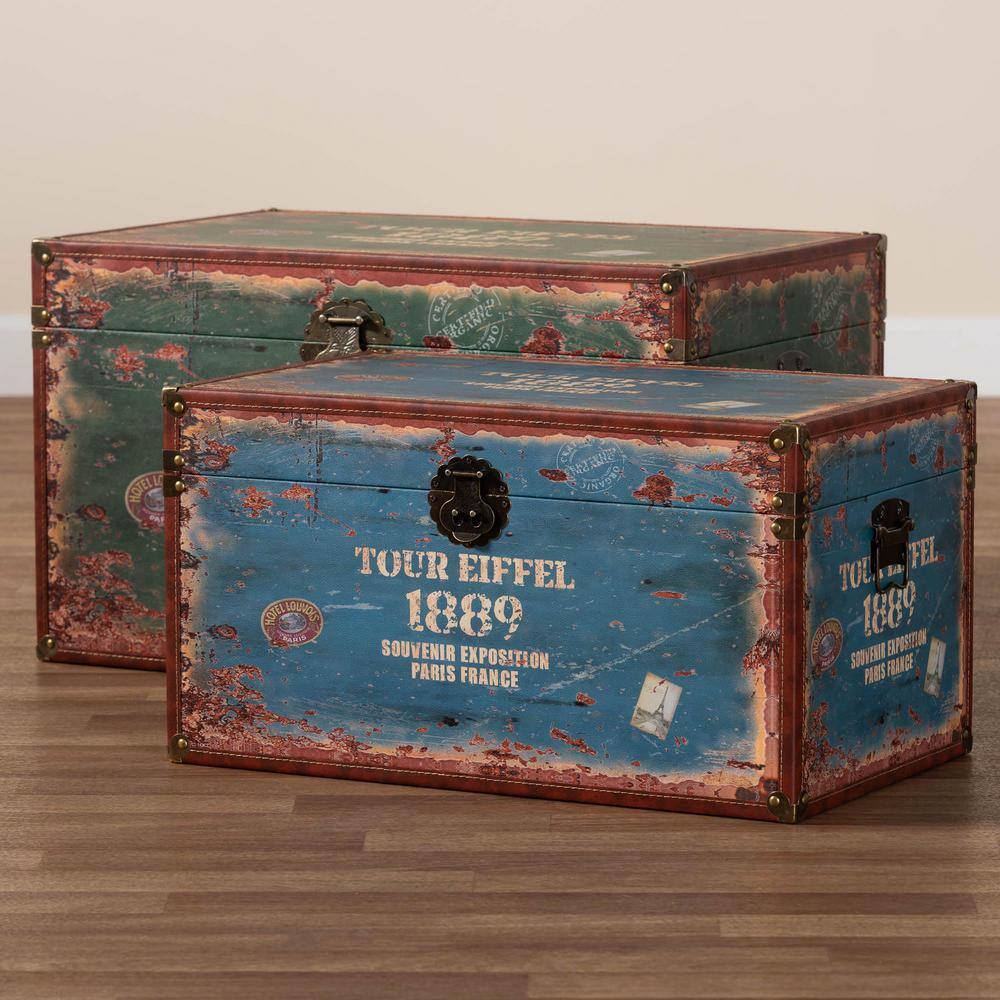 Baxton Studio 2pc Sabeen Faux Leather and Wood Storage Trunk Set Green/Blue