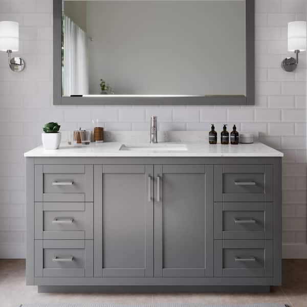 Wyndham Collection Miranda 60 in. W Single Bath Vanity in Dark Gray w/Cultured Marble Vanity Top in LV Carrara with White Basin and Mirror