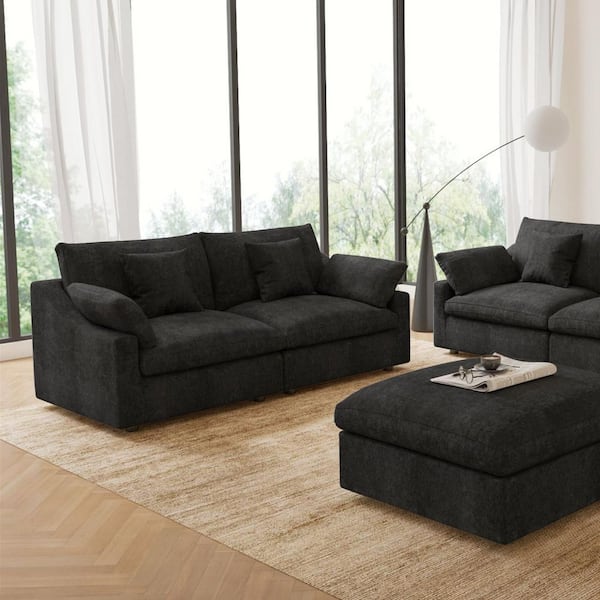 82.6 in. Square Arm Plush Linen 2-Seater Loveseat Love Sofa Couch Modular Sectional Sofa with Washable Covers in Black
