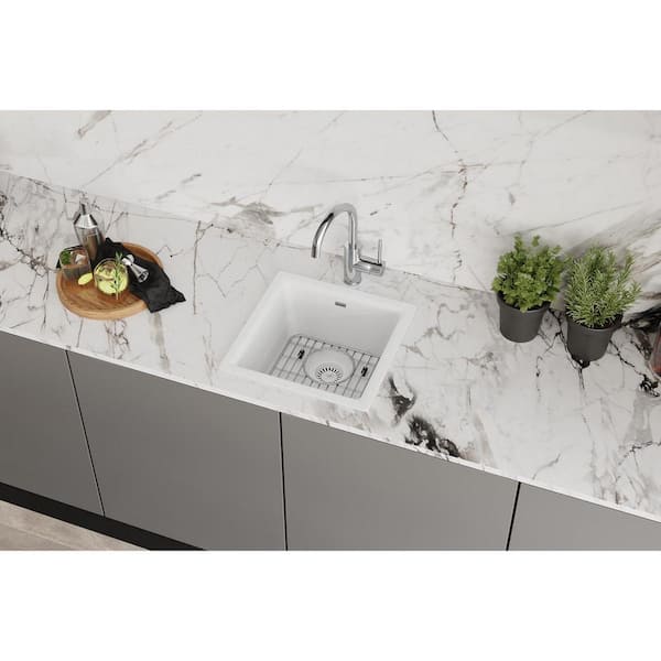 Quartz Classic 16 in. Drop-In/Undermount Single Bowl White Granite/Quartz Composite Bar Sink Kit w/ Accessories