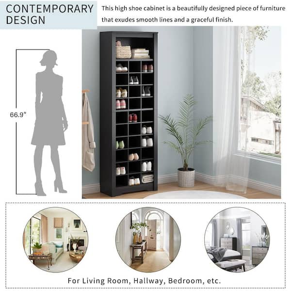 Black 30-Compartment Tall Shoe Storage Cabinet Multifunctional Vertical Storage Cabinet Suitable for Hallways, Bedrooms