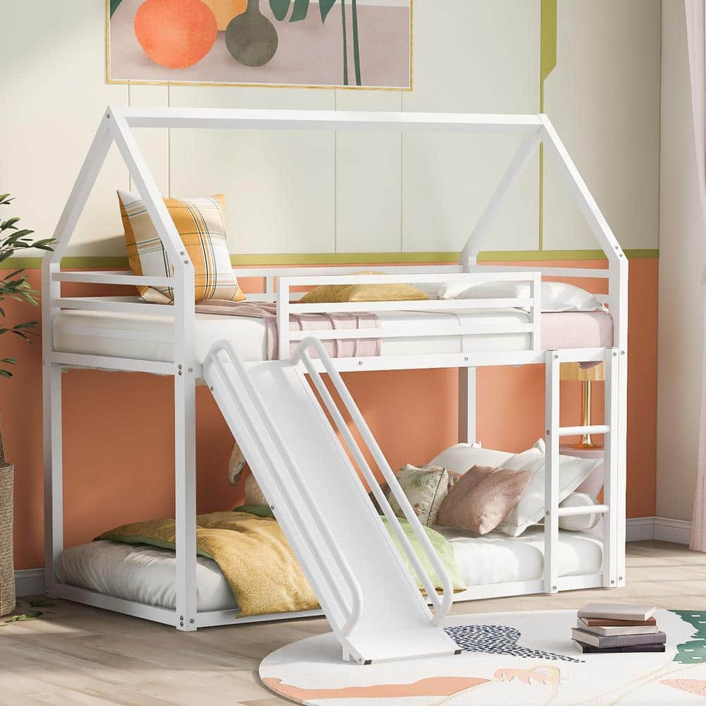 Harper & Bright Designs White Twin over Twin Metal House Bunk Bed with ...