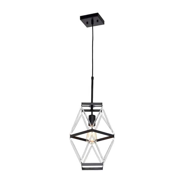 Edvivi Perennial Contemporary 10 in. 1-Light Black Geometric Cage Mini Pendant with Glass Bar Accents