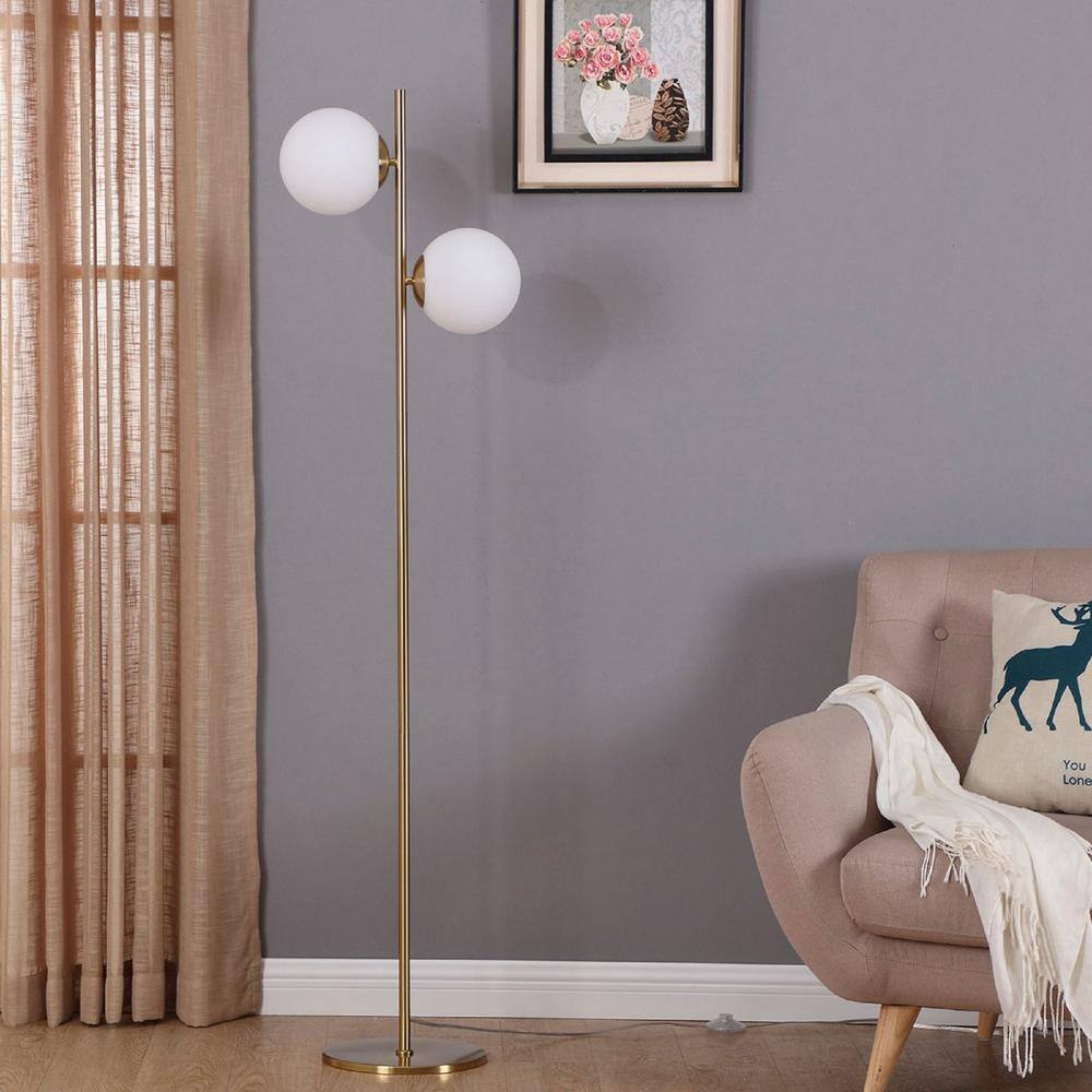 Elegant Brass Triple-Head Torchiere Floor Lamp with Glass Shades