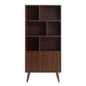Milo 62.25 in. Tall Cherry 6-Shelf Engineered Wood Mid-Century Modern Off-Set Bookcase w/ Two Doors, Brushed Brass Knobs