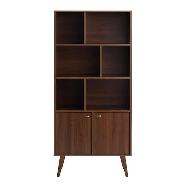null Milo 62.25 in. Tall Cherry 6-Shelf Engineered Wood Mid-Century Modern Off-Set Bookcase w/ Two Doors, Brushed Brass Knobs