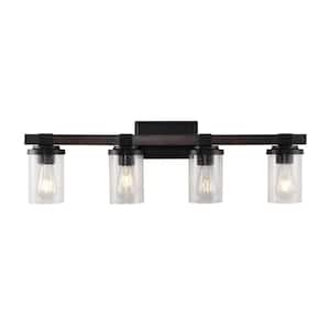 Bungalow 32 in. 4-Light Oil Rubbed Bronze Iron/Seeded Glass Rustic Farmhouse LED Vanity Light