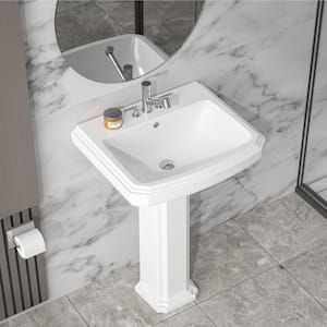 Combo Sink 19.25 in. D x 23 in. W Rectangular White Vitreous China Pedestal Bathroom Sink with Overflow 3 Faucet Holes