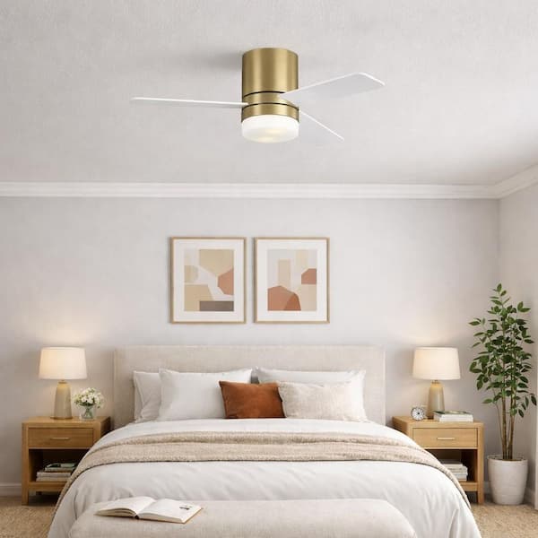 Era 44 in. Burnished Brass Standard Flush Mount Indoor/Outdoor Ceiling Fan, White Blades, LED Light Kit & Wall Control