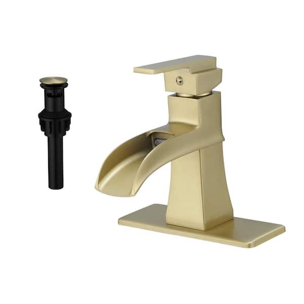 FLG Single Handle Single Hole Bathroom Faucet with Deckplate and Drain Kit BrassWaterfall Sink Vanity Taps in Brushed Gold