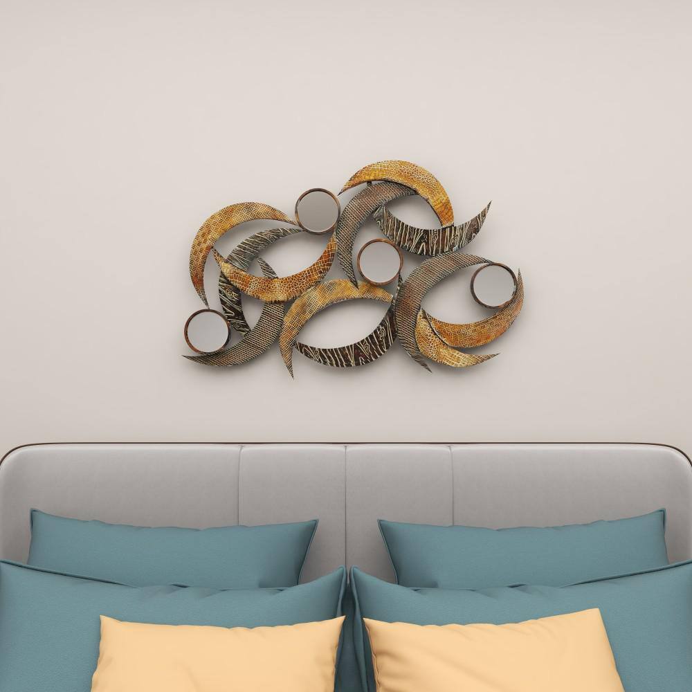 Beige and Brown Metal Crescent Moon Wall Sculpture with Mirrors