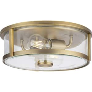 Gilliam 12-5/8 in. 2-Light Vintage Brass Flush Mount with Clear Glass Shade