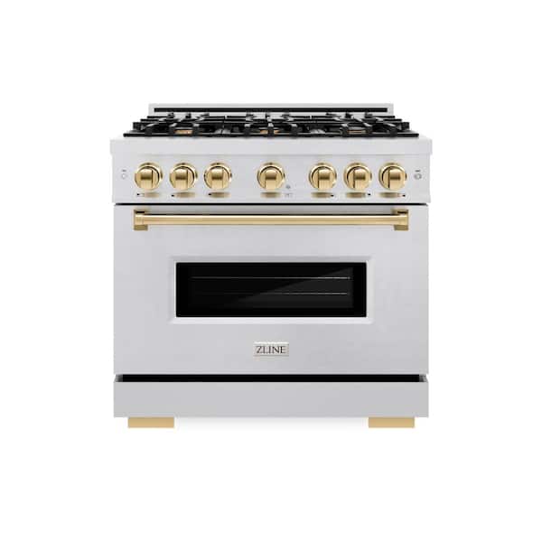 ZLINE Kitchen and Bath Autograph 36 in. Classic Gas Range with 6 Burners and Convection Gas Oven in Satin Steel and Polished Gold Accents