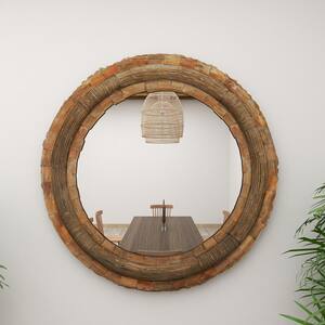 65 in. x 65 in. Natural Brown Wood Rustic Round Wall Mirror