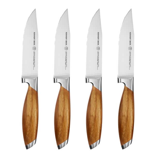 SCHMIDT BROTHERS CUTLERY 4-Piece Stainless Steel Cutlery Bonded Teak Jumbo Steak Knife Set in Wood Gift Box
