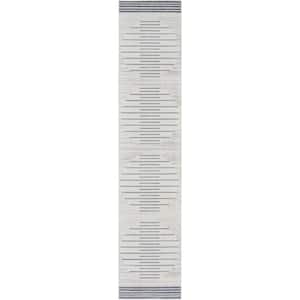 Astra Machine Washable Ivory Blue 2 ft. x 8 ft. Striated Contemporary Kitchen Runner Area Rug