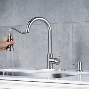 Henassor Single Handle Pull-Down Sprayer Kitchen Faucet with Advanced Spray and Soap Dispenser in Brushed Nickel