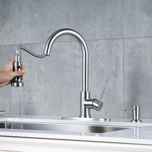 Single Handle Pull Down Sprayer Kitchen Faucet with 3-Modes Advanced Spray and Soap Dispenser in Brushed Nickel