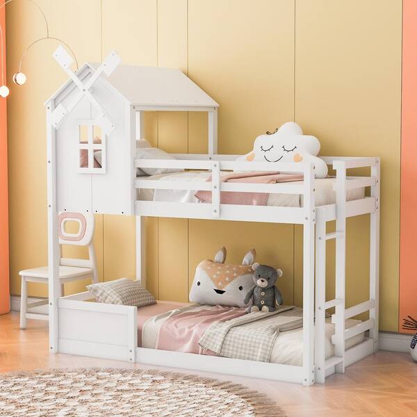 Harper & Bright Designs White Twin over Twin Wood House Bunk Bed with ...