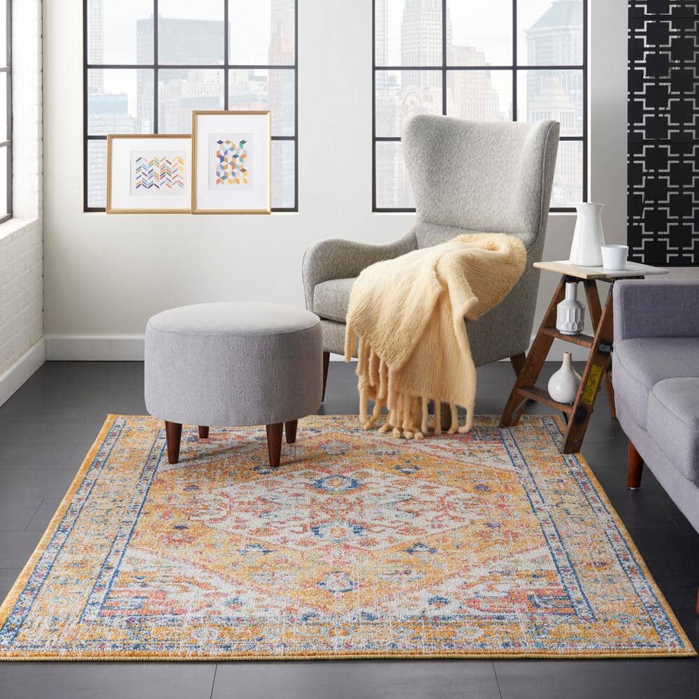 Ivory and Yellow Floral Viscose Rectangular Area Rug