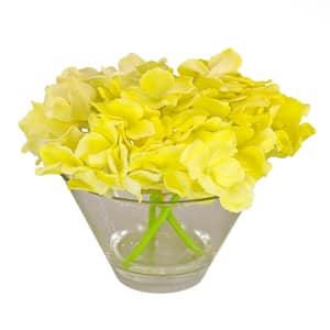 8 in. Artificial Floral Arrangements Hydrangea with Acrylic Water in Glass- Color: Light Yellow