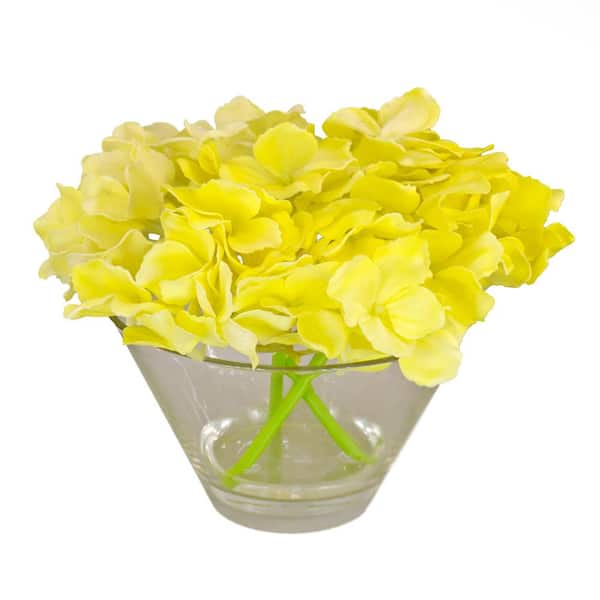 National Tree Company 8 in. Artificial Floral Arrangements Hydrangea with Acrylic Water in Glass- Color: Light Yellow
