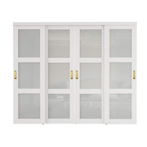 ARK DESIGN 96 in. x 80 in. 3-Lite Frosted Glass White Finished MDF Closet Sliding Door with Hardware and No Grooving Golden Handles