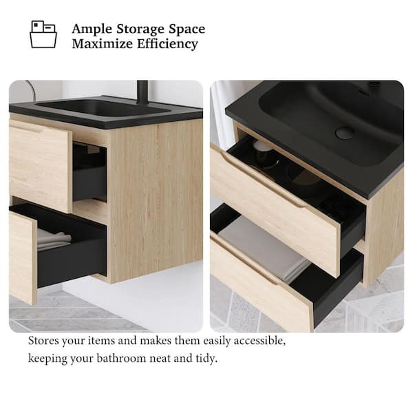 23.62 in. W x 18.90 in. D x 20.39 in. H Wall-Mounted Bath Vanity in Evita Oak with Black Engineered Quartz Composite Top